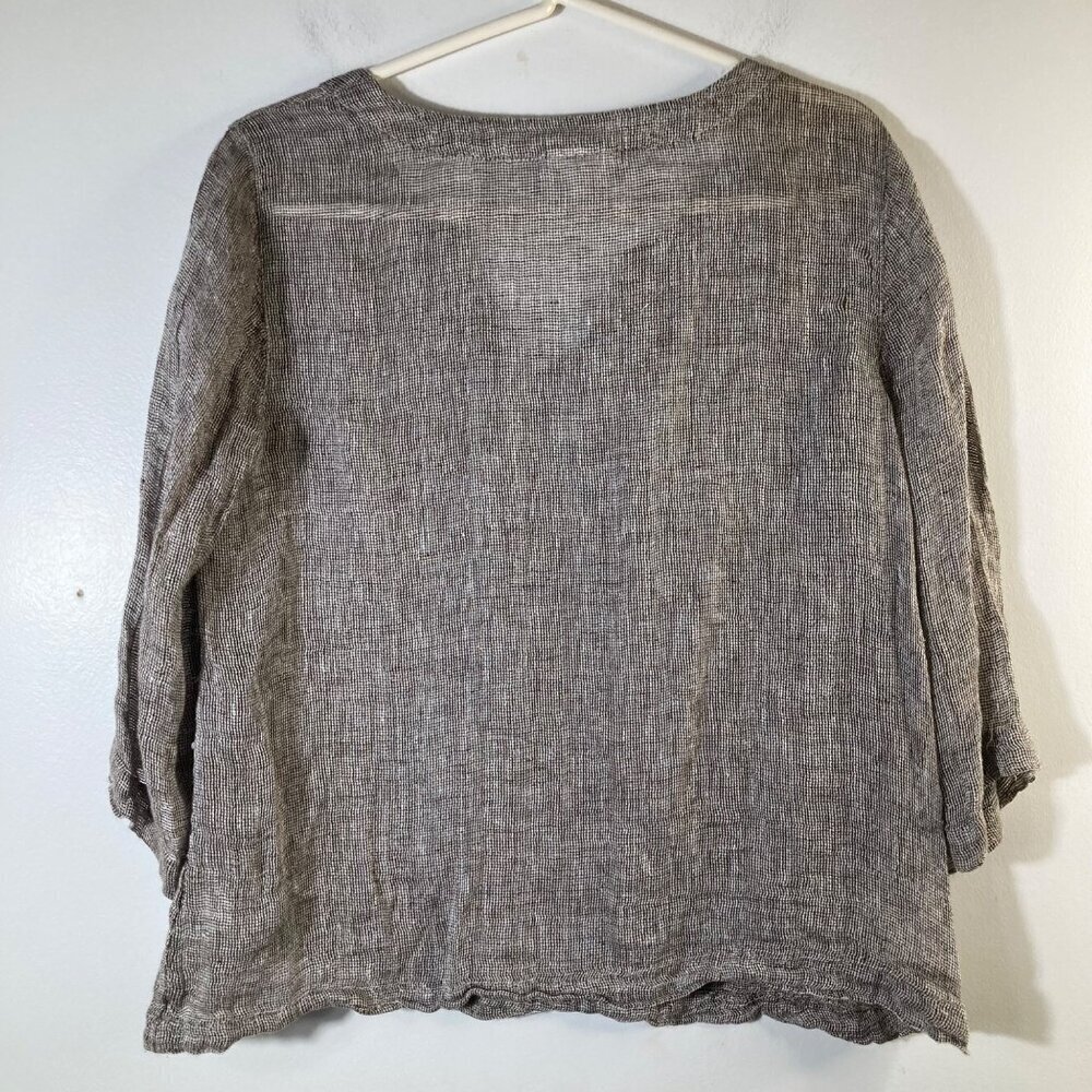 Womens Purejill Linen Top V Neck 3/4/Sleeve Marled Brown XS Open Weave Linen - Picture 2 of 8